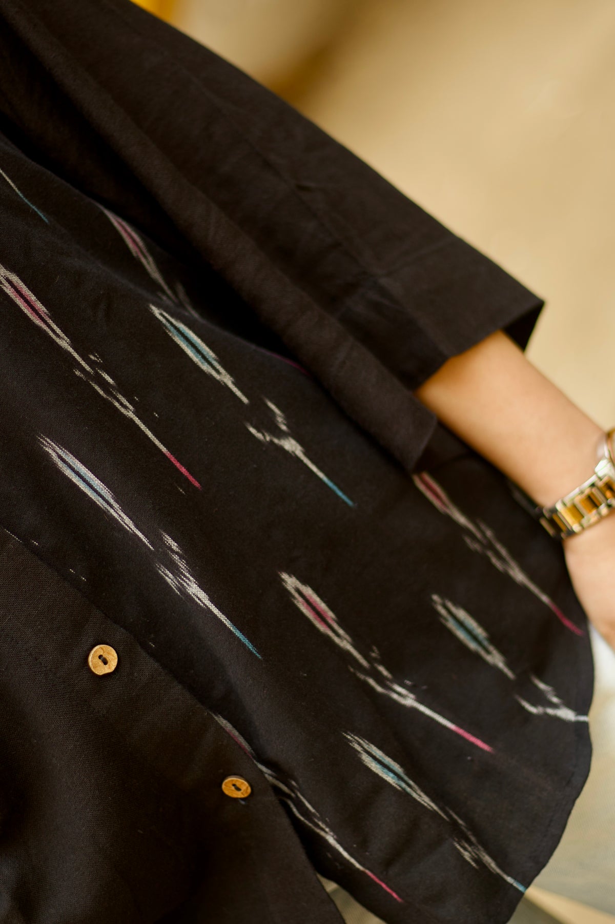 Black Ikat X Black Linen Loose Shirt