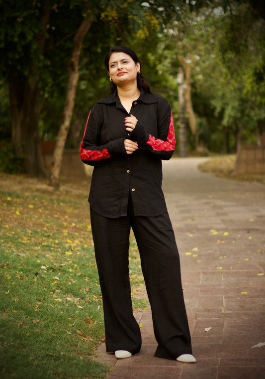 Ikat Patchwork Linen Shirt Black
