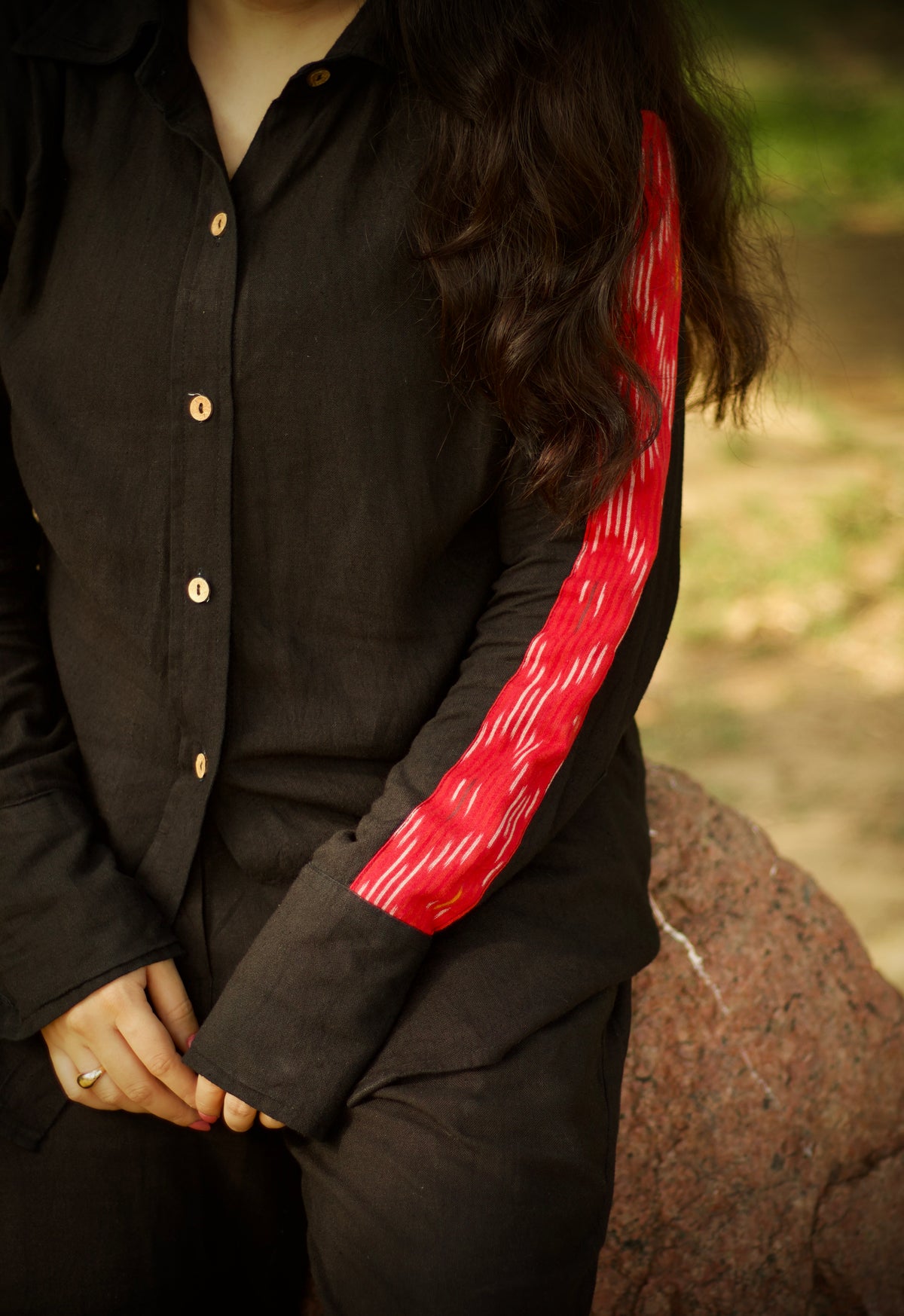 Ikat Patchwork Linen Shirt Black