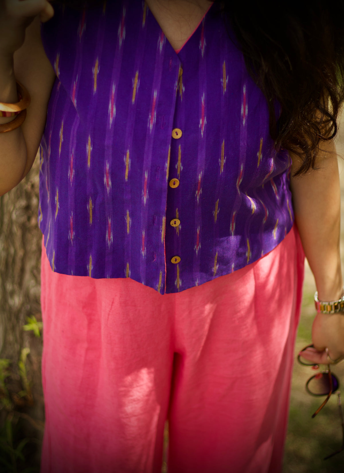 Pink Jumpsuit with Purple Ikat Half Jacket