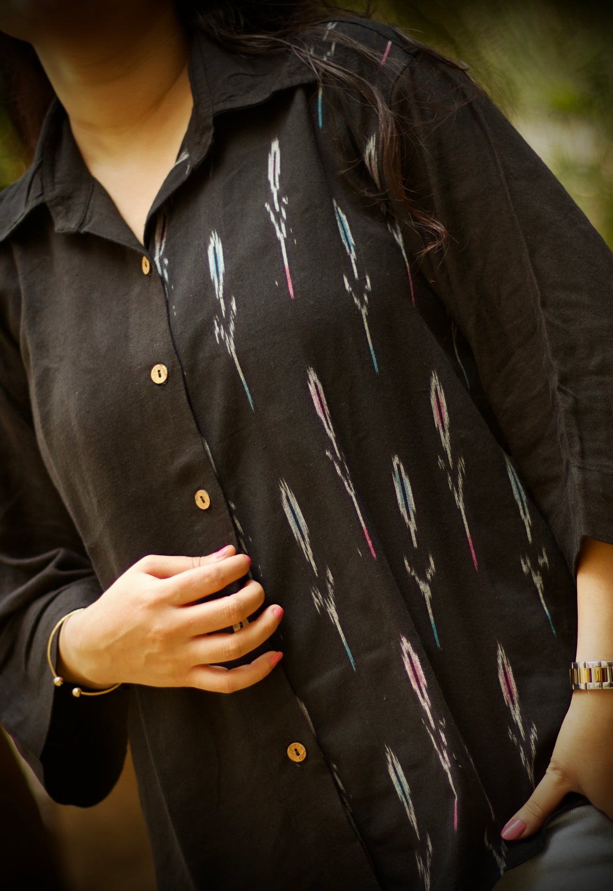 Black Ikat X Black Linen Loose Shirt