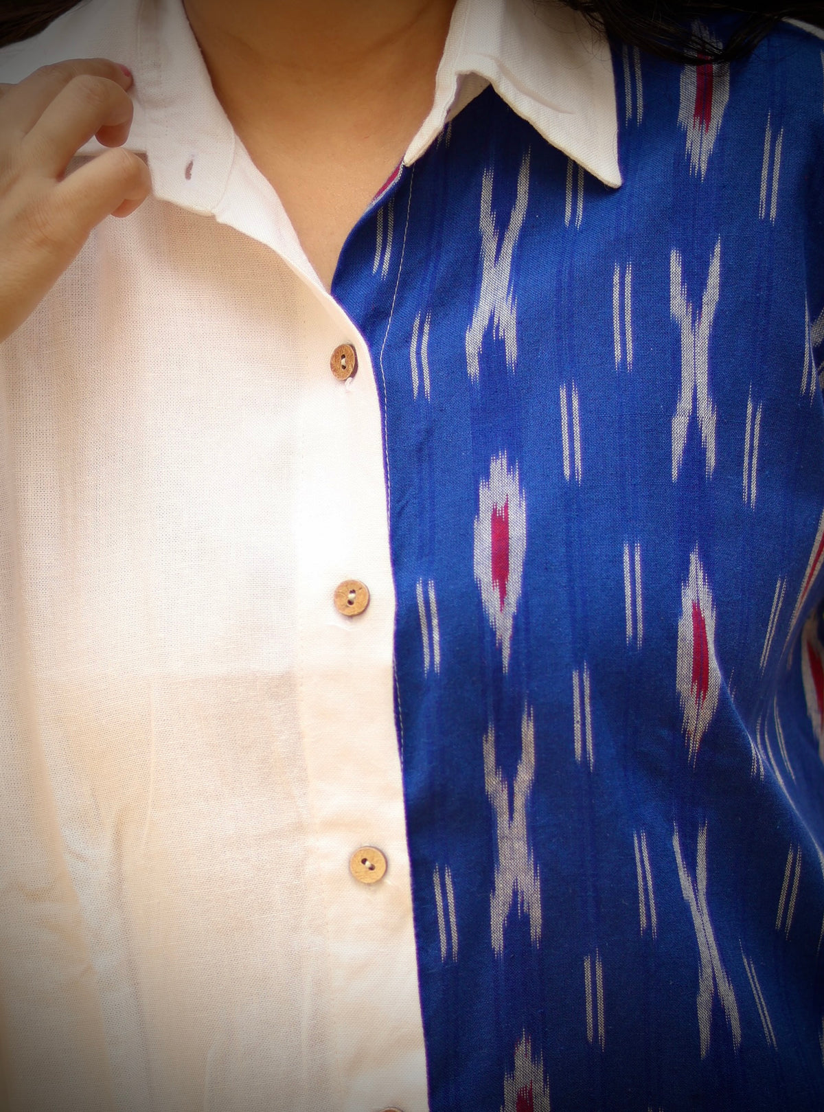 Blue Ikat X White Linen Loose Shirt