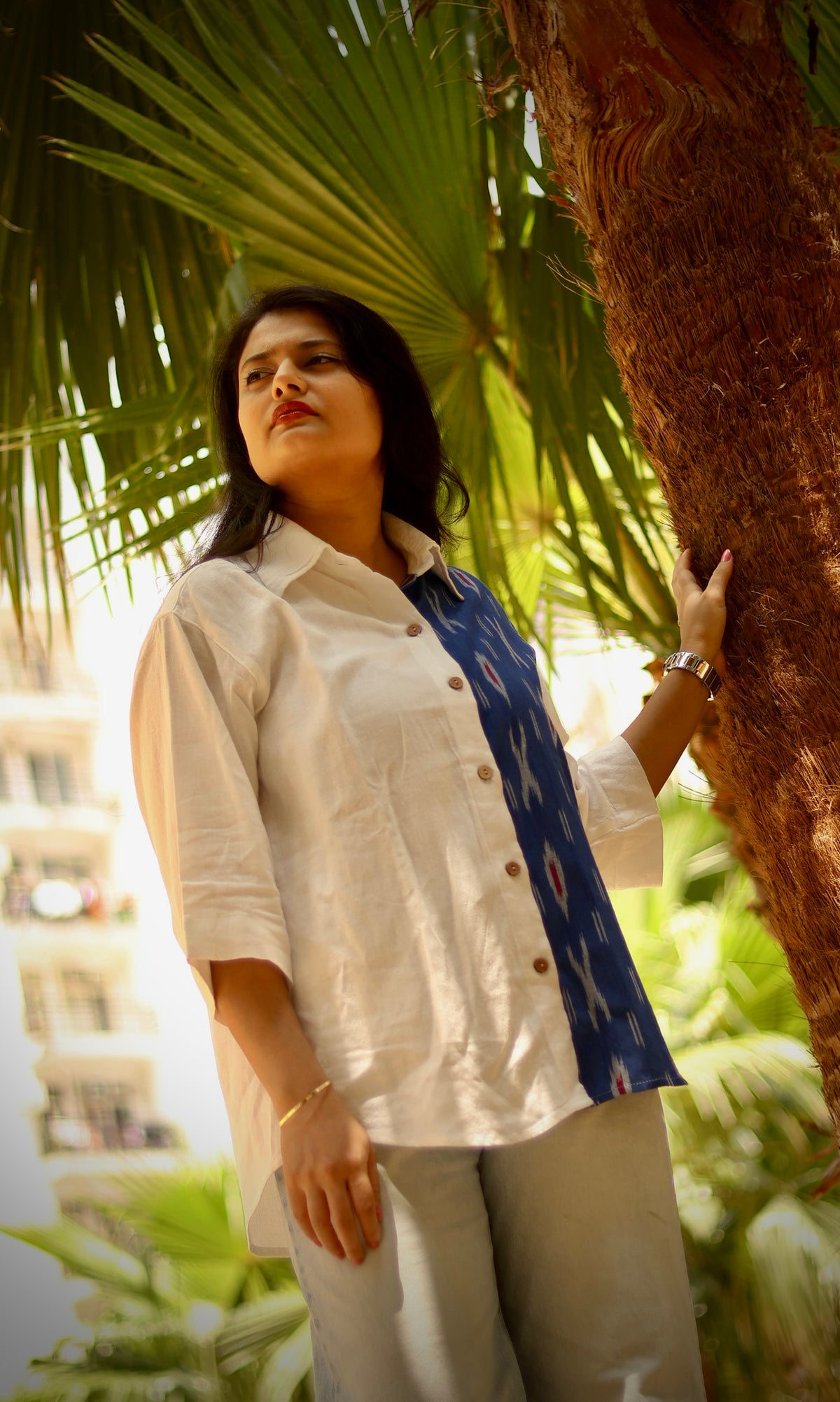 Blue Ikat X White Linen Loose Shirt