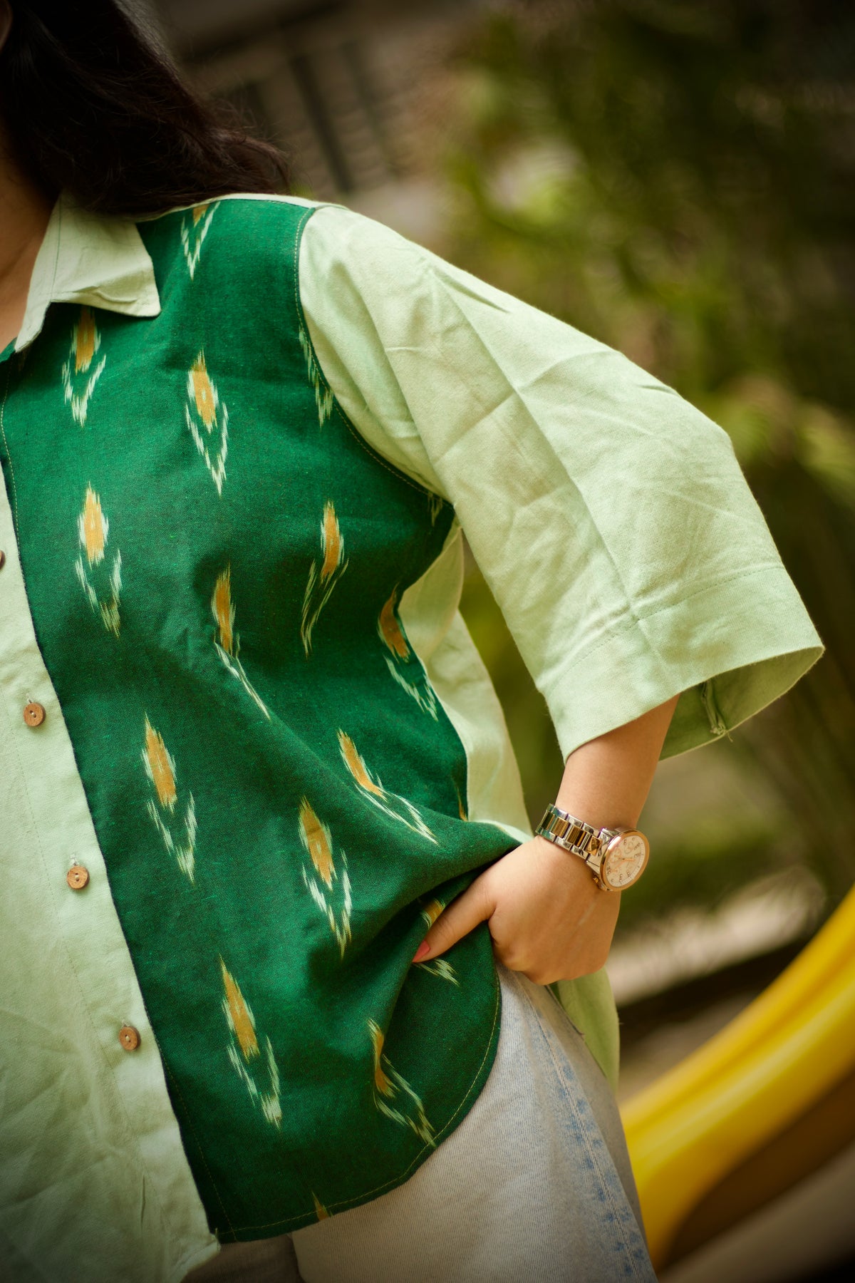 Green Ikat X Light Green Linen Loose Shirt