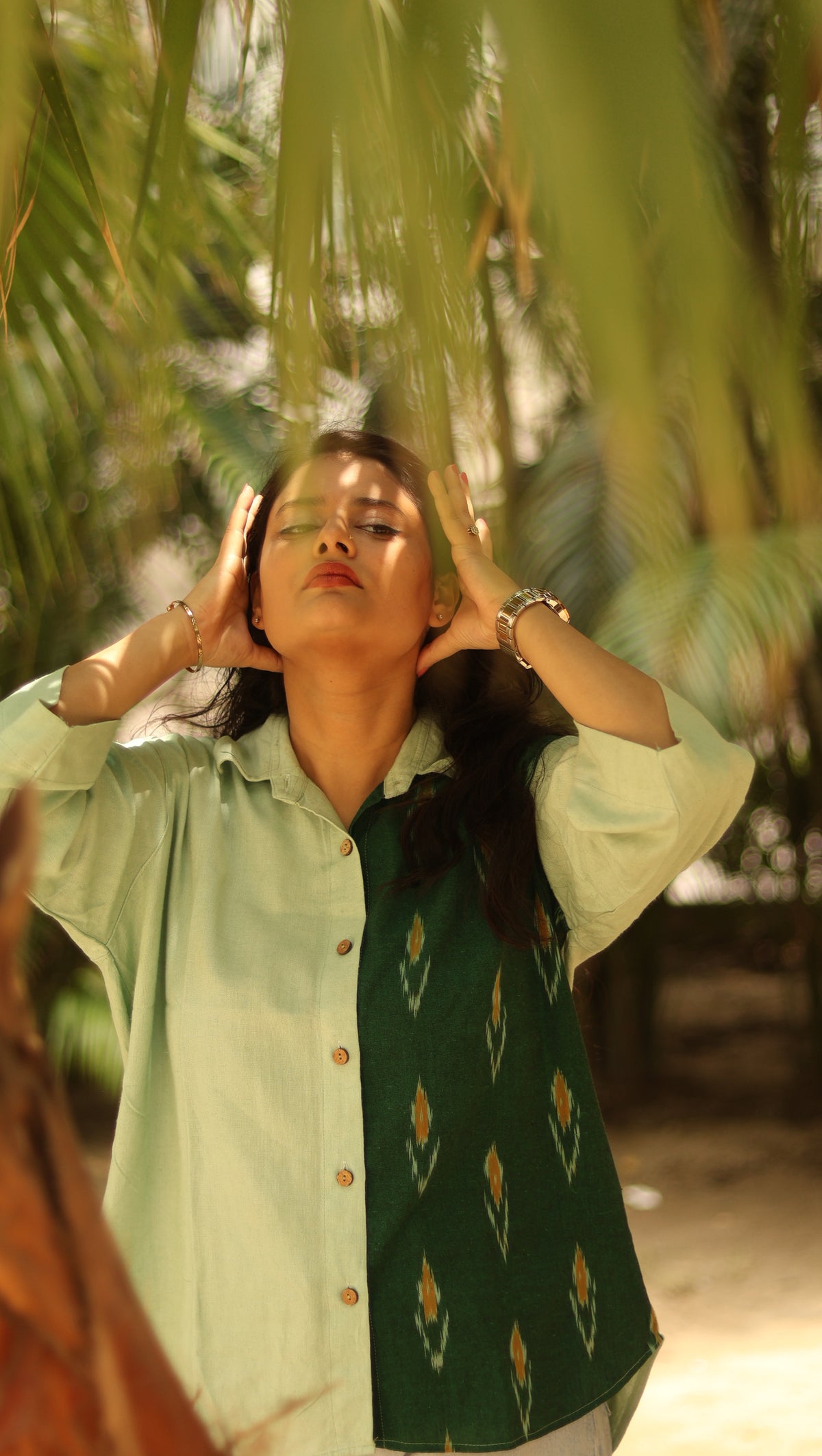 Green Ikat X Light Green Linen Loose Shirt