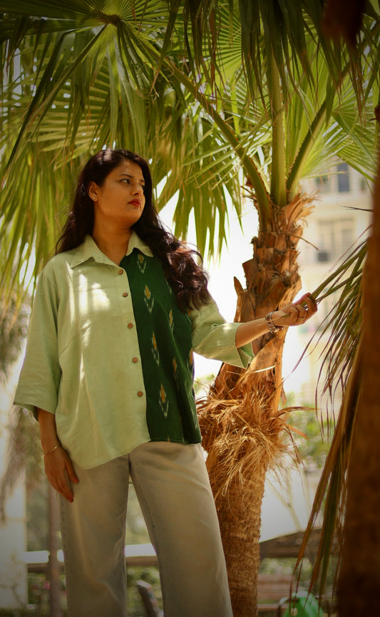 Green Ikat X Light Green Linen Loose Shirt